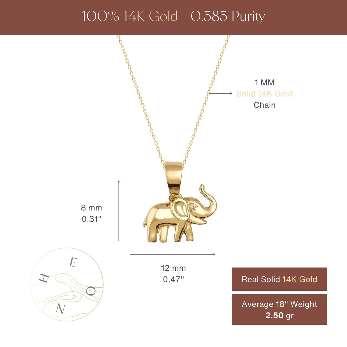 14K Solid Gold Elephant Necklace Lucky Animal Charm Minimal Dainty Gift Jewelry