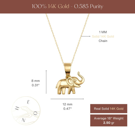 14K Solid Gold Elephant Necklace Lucky Animal Charm Minimal Dainty Gift Jewelry