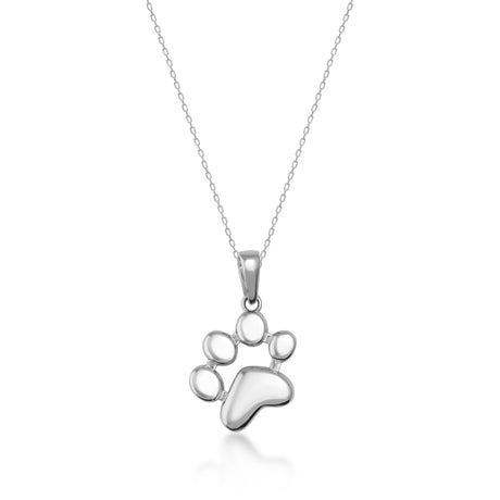 Collier empreinte de patte en or blanc 14 carats sur fond blanc