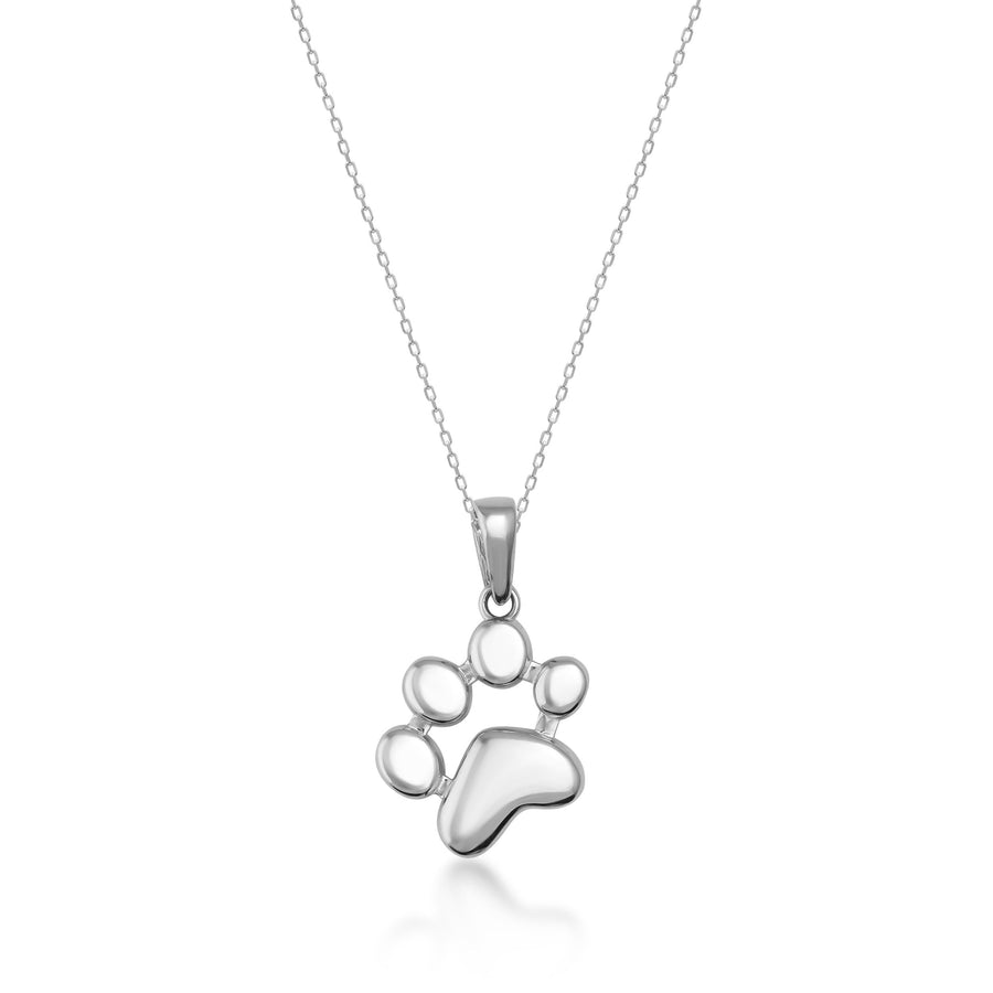 Collier empreinte de patte en or blanc 14 carats sur fond blanc