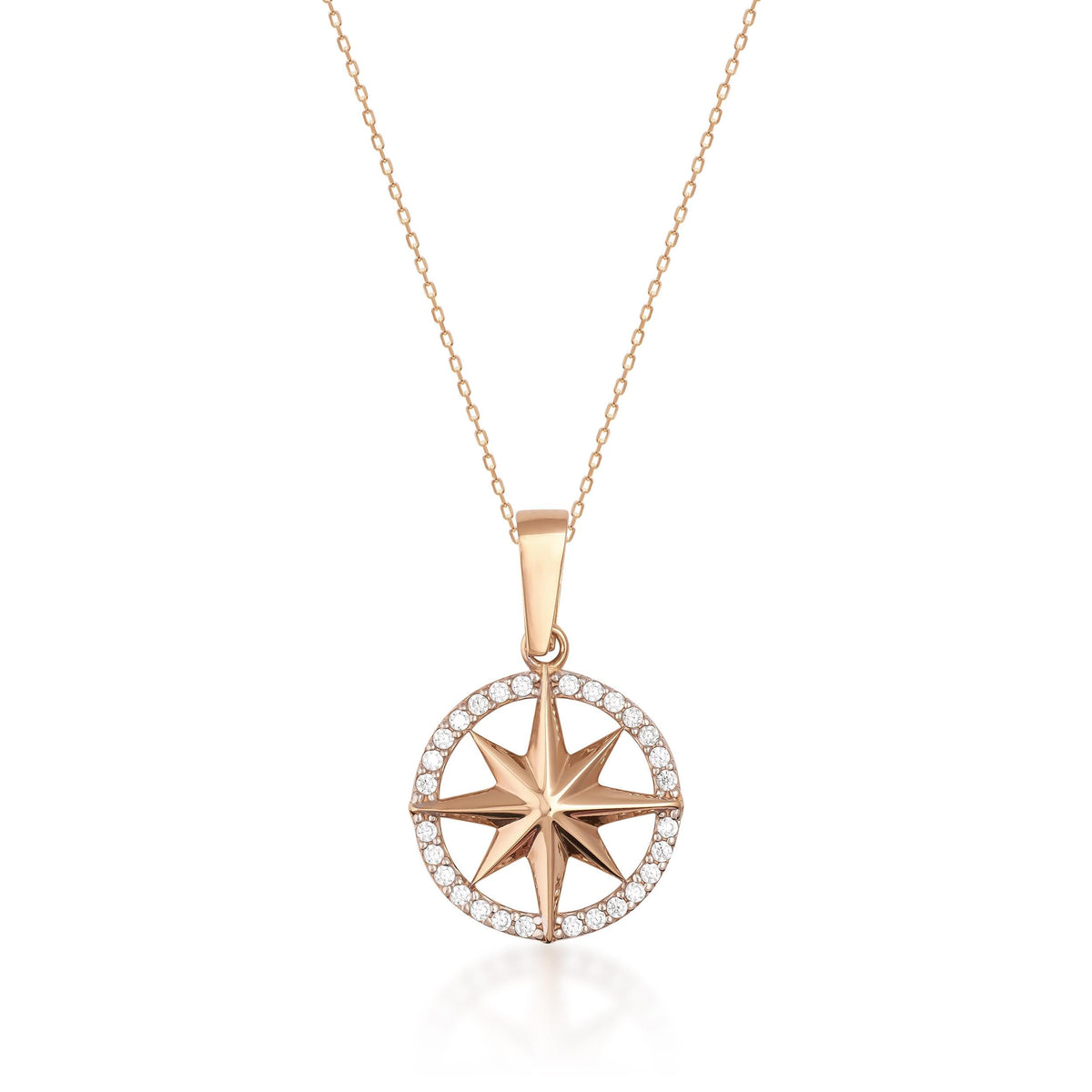 14K rose gold compass star necklace with CZ on white background