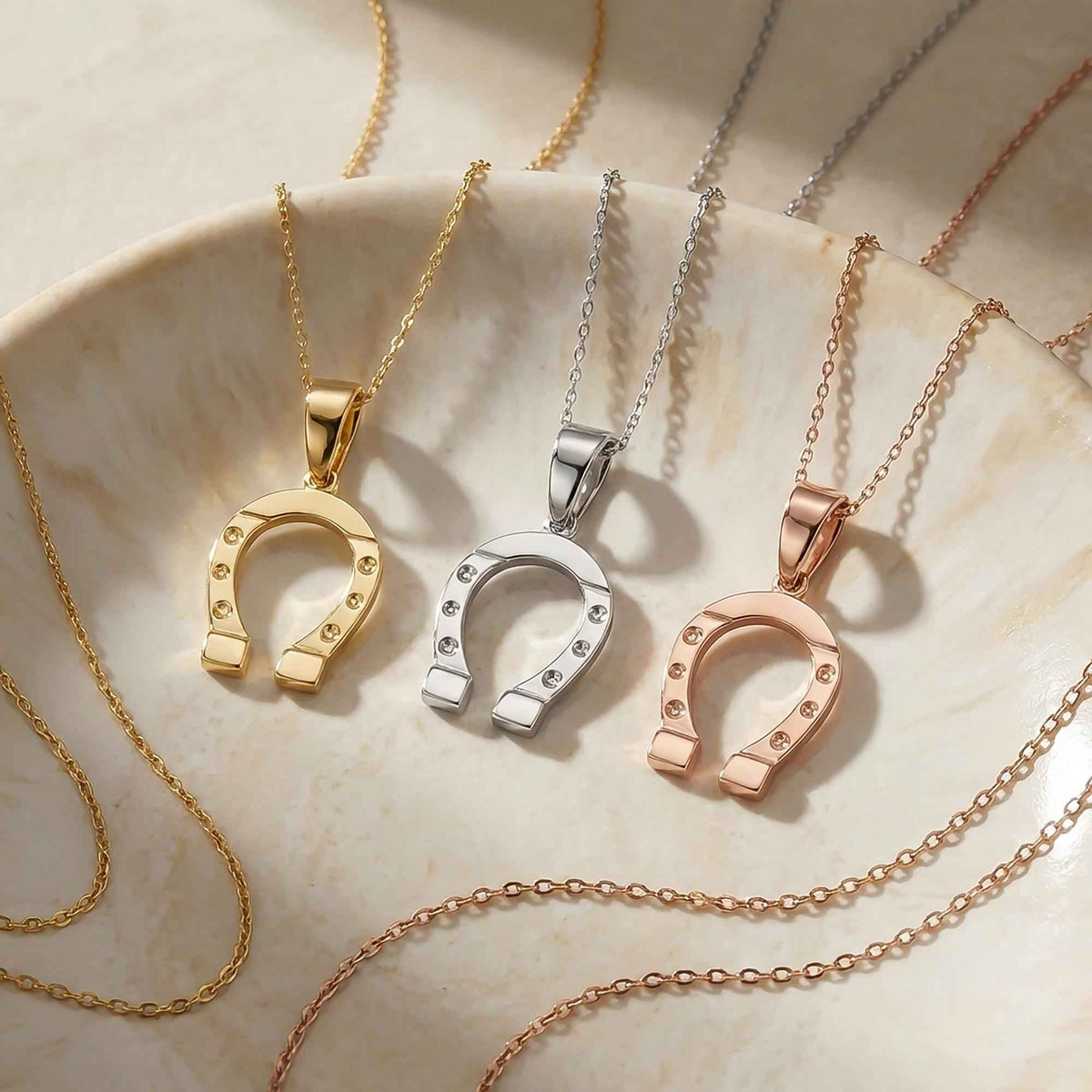 Colliers fer à cheval en or jaune, blanc et rose 14 carats dans une coupelle en céramique