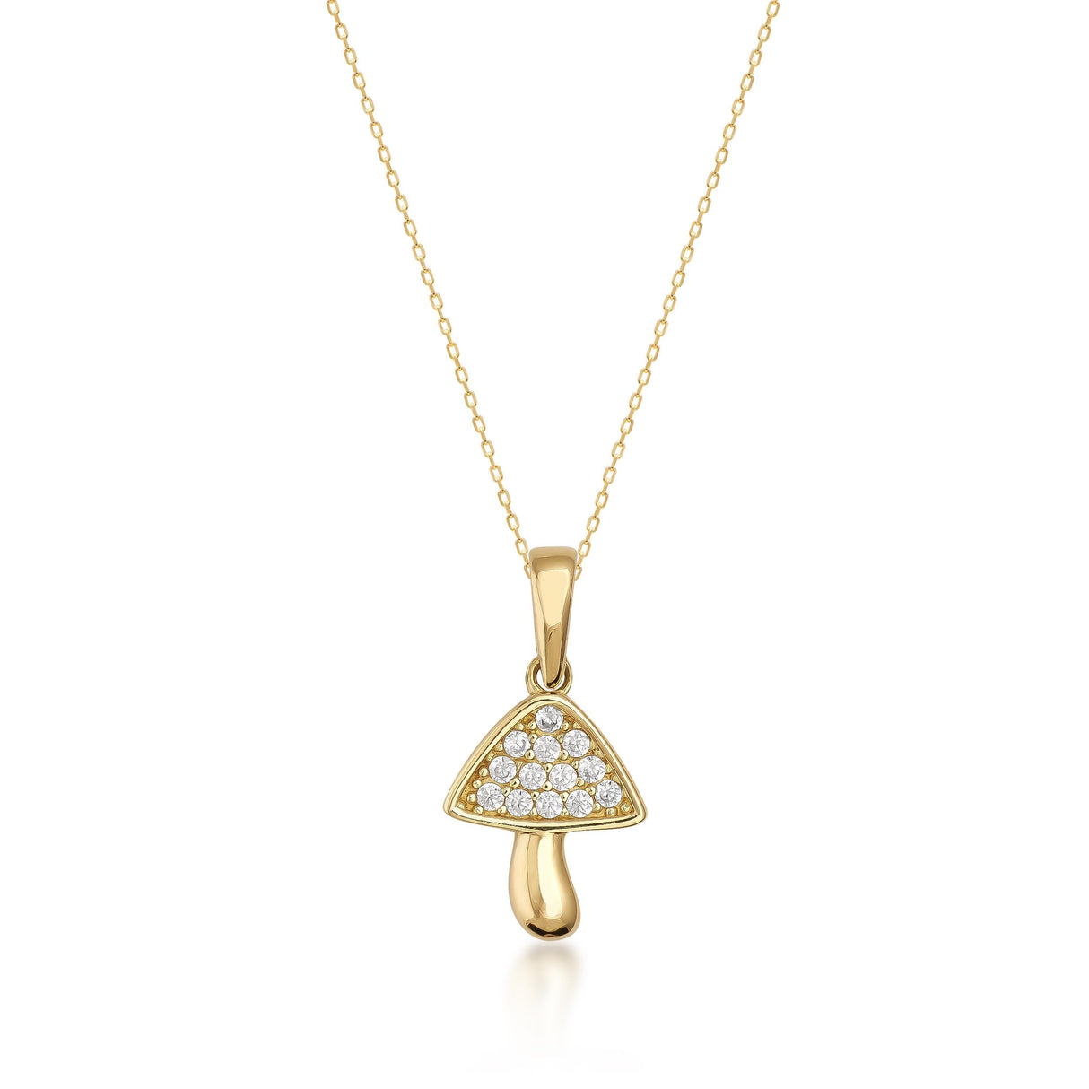 Mushroom Necklace 14K Solid Gold CZ Pendant Minimal Nature Jewelry