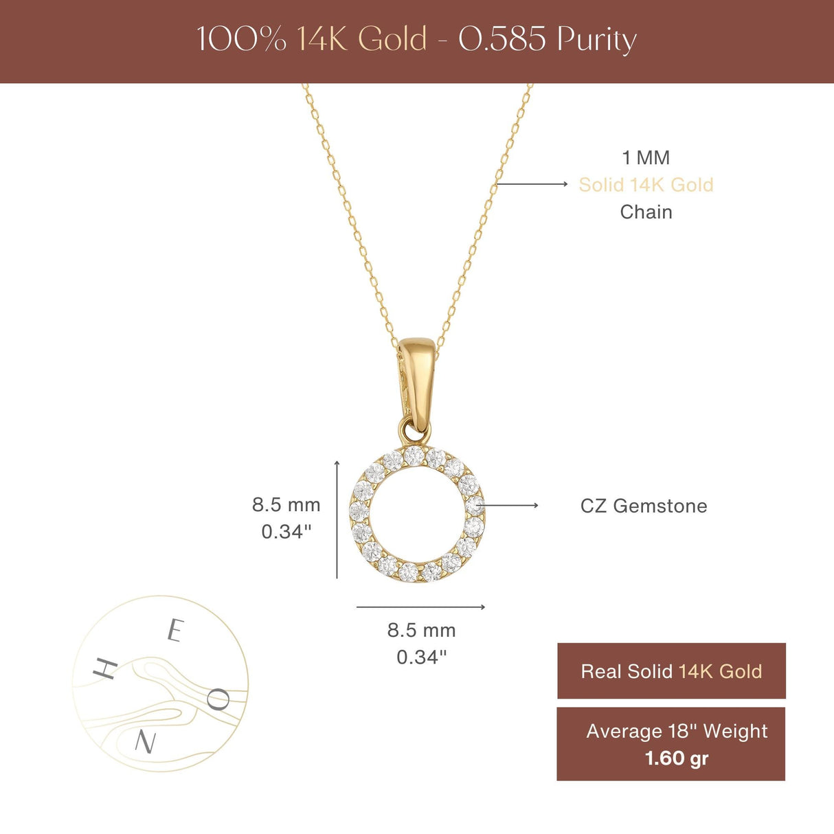 14K Solid Gold Circle Necklace CZ Eternity Halo Pendant