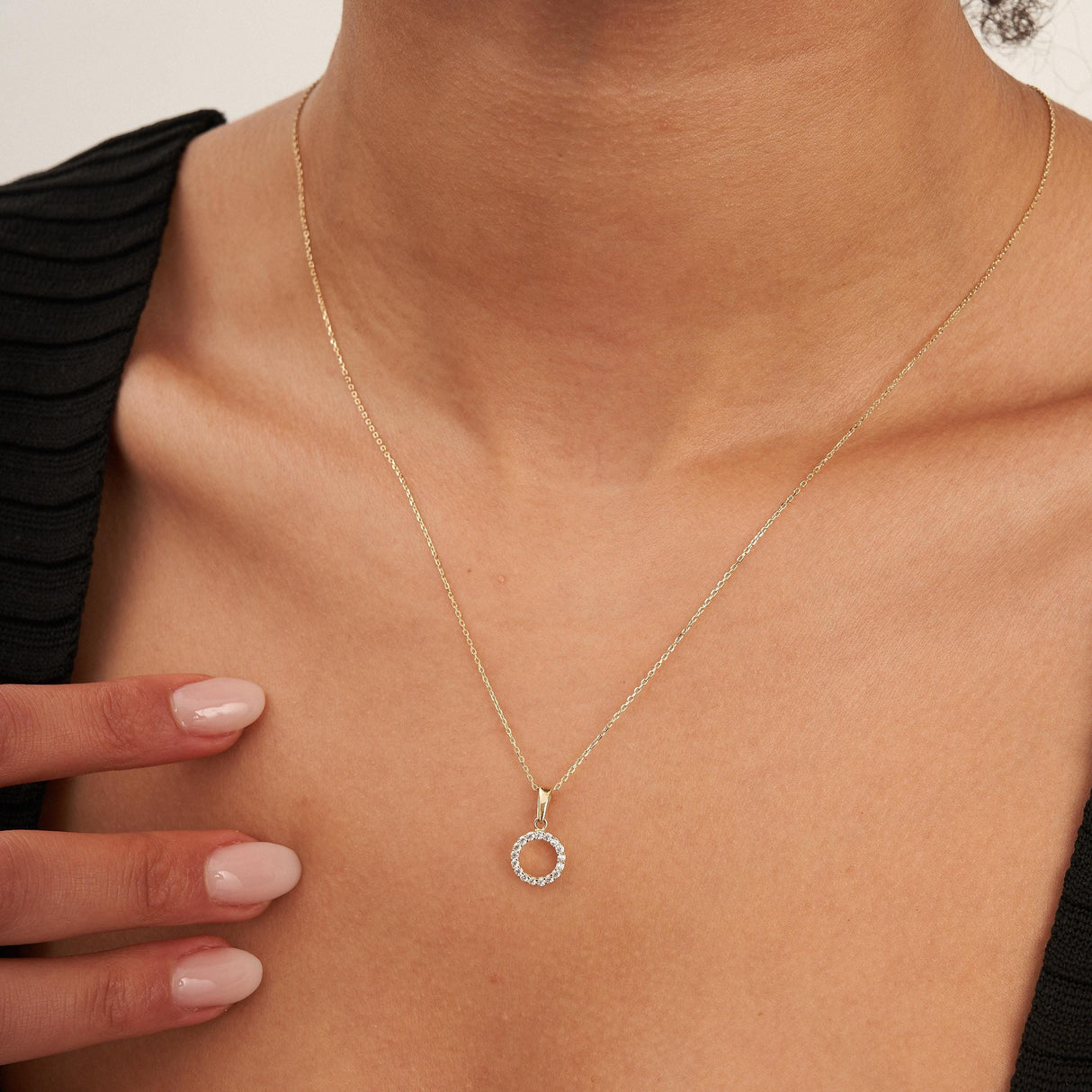 14K Solid Gold Circle Necklace CZ Eternity Halo Pendant