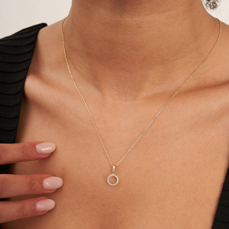 14K Solid Gold Circle Necklace CZ Eternity Halo Pendant