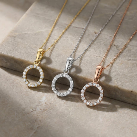14K Solid Gold Circle Necklace CZ Eternity Halo Pendant