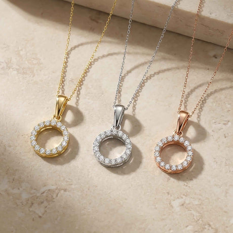 14K Solid Gold Circle Necklace CZ Eternity Halo Pendant