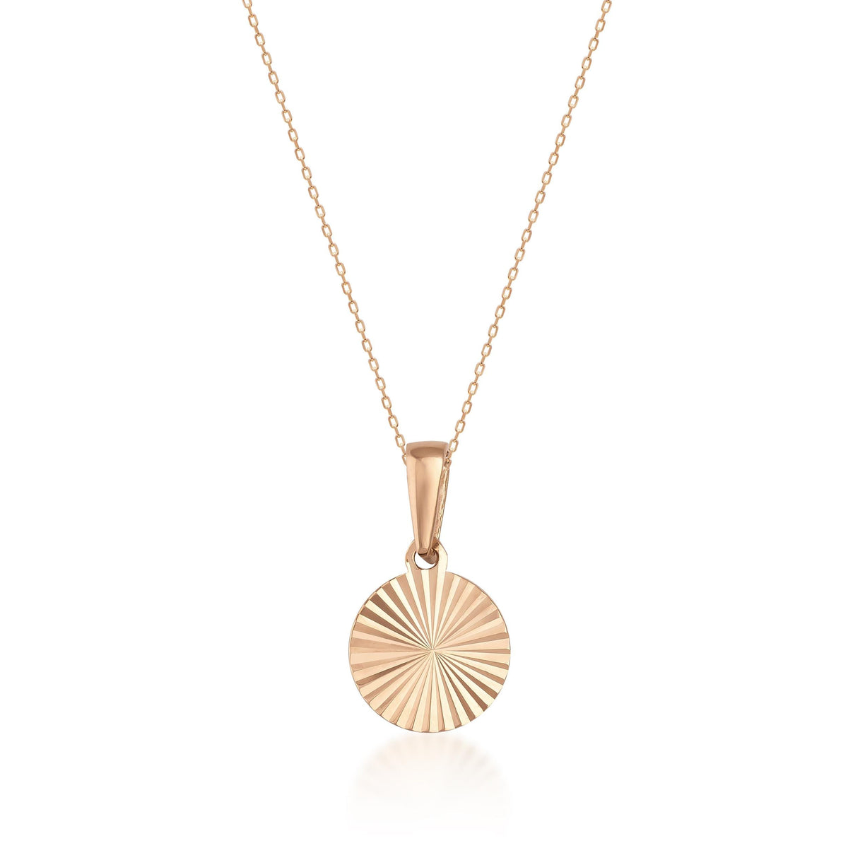 Collar de disco sol radiante diamantado en oro rosa de 14 quilates sobre fondo blanco