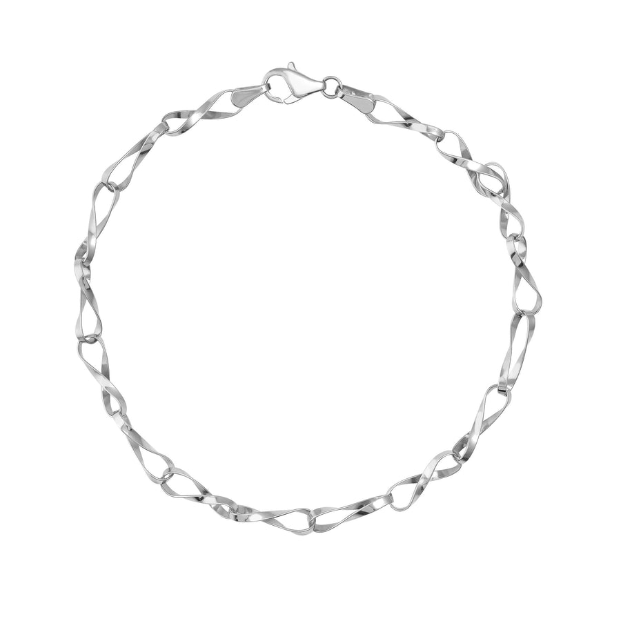 Pulsera de cadena retorcida de eslabones infinito en oro blanco de 14 quilates dispuesta en círculo sobre fondo blanco
