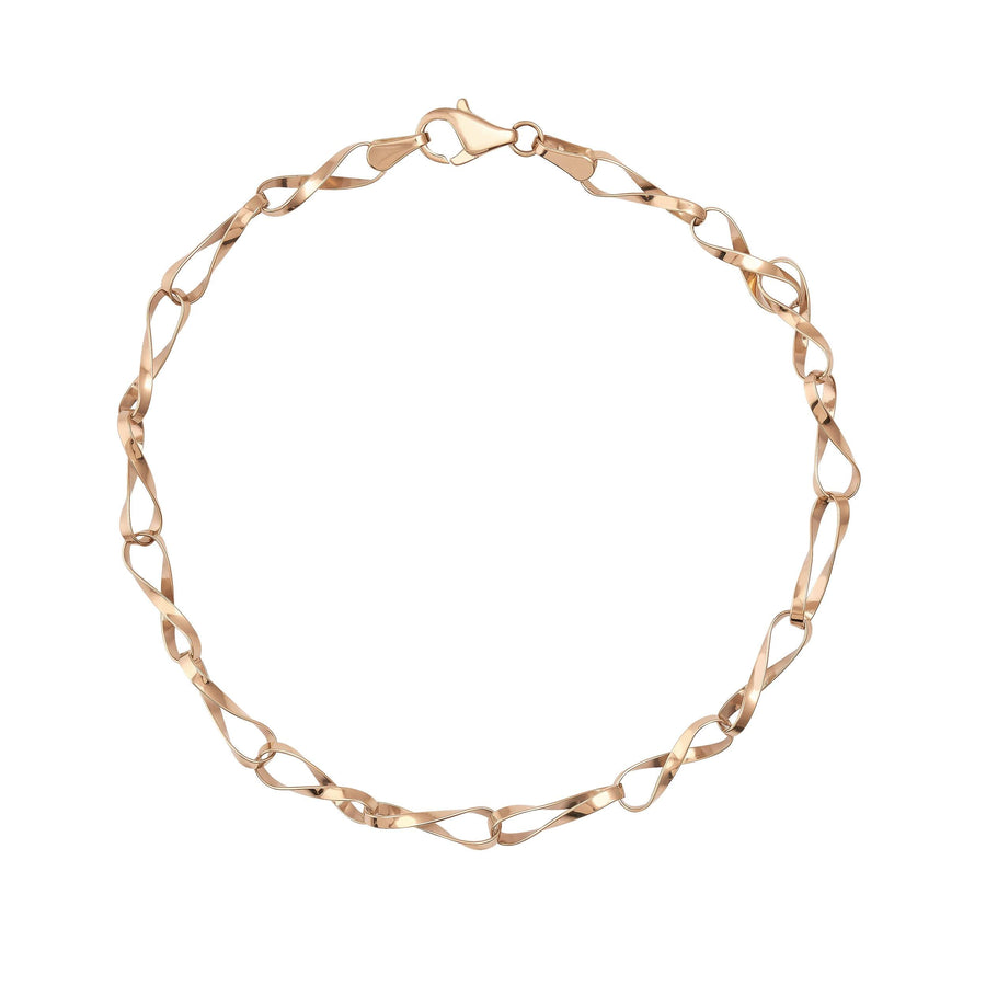Pulsera de cadena retorcida de eslabones infinito en oro rosa de 14 quilates dispuesta en círculo sobre fondo blanco