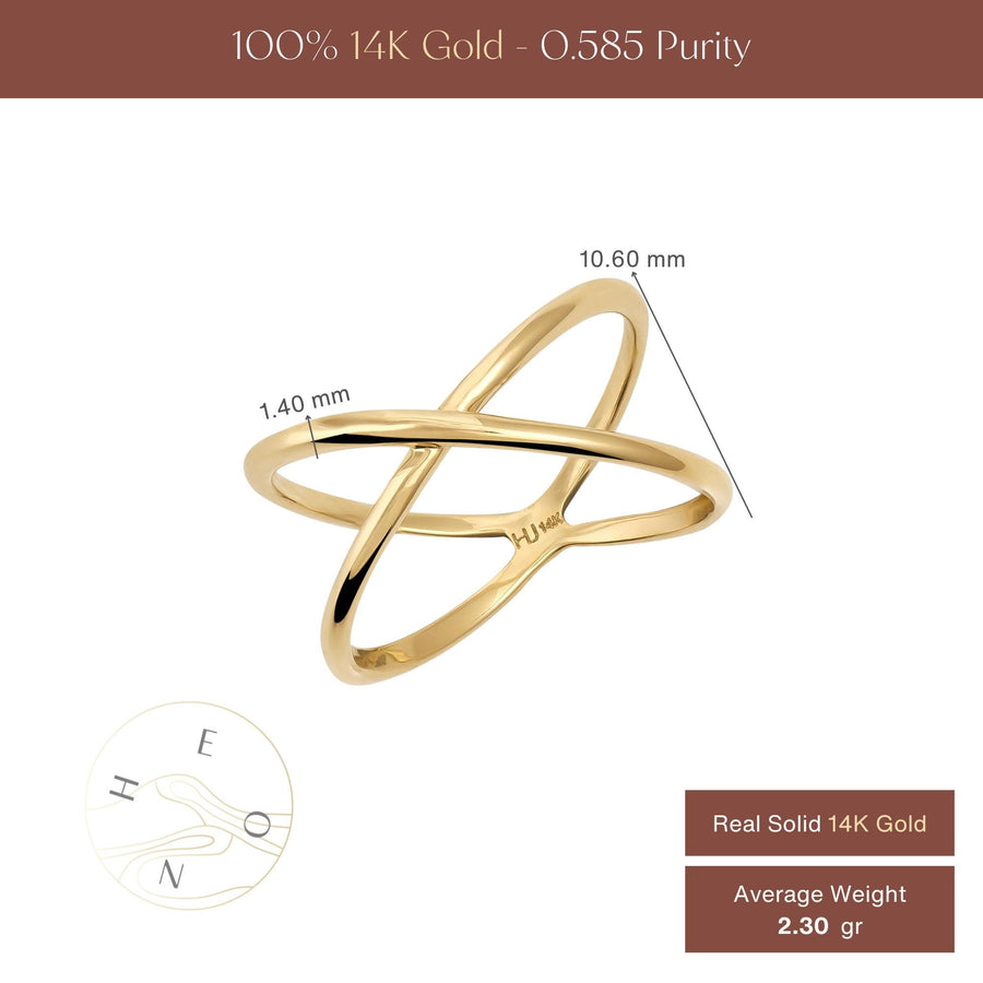Infographie de la bague infini entrecroisée en or jaune 14 carats : dessus de 10,60 mm, anneau de 1,40 mm, poids de 2,30 g