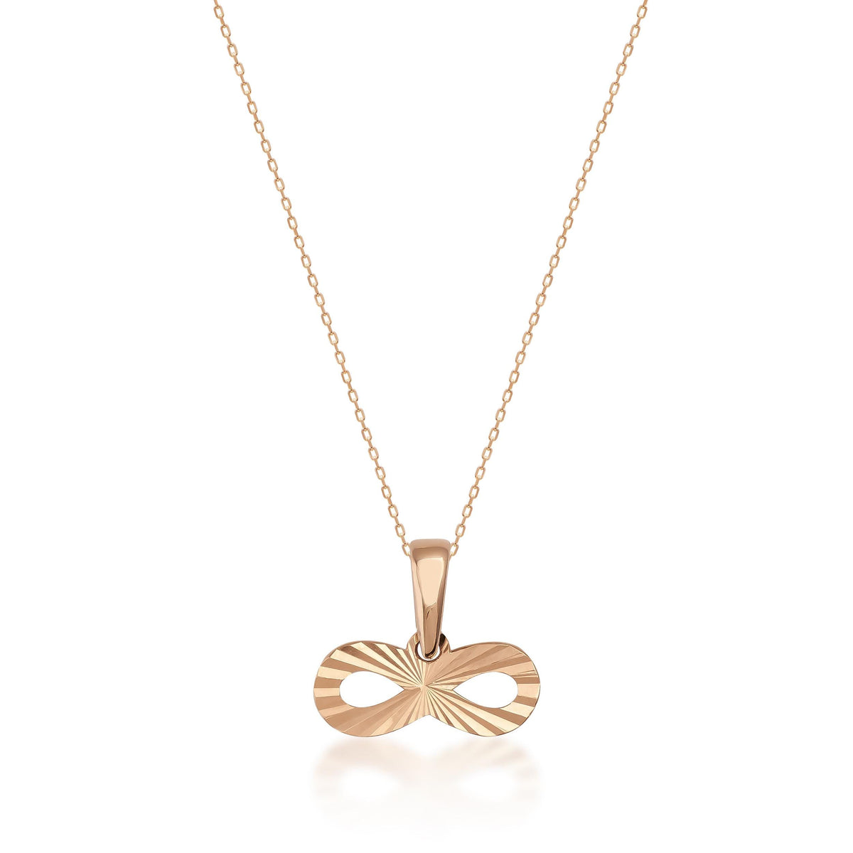 14K rose gold diamond-cut infinity necklace on white background