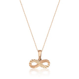 14K rose gold diamond-cut infinity necklace on white background