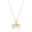 14K yellow gold diamond-cut infinity necklace on white background