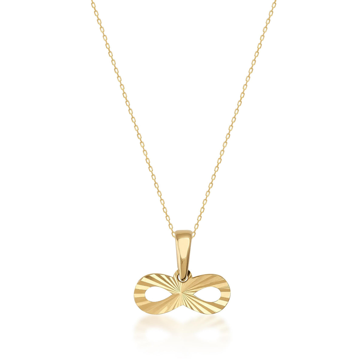 14K yellow gold diamond-cut infinity necklace on white background