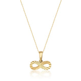 14K yellow gold diamond-cut infinity necklace on white background