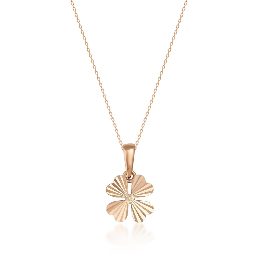 Collier trèfle à quatre feuilles taille diamant en or rose 14 carats sur fond blanc