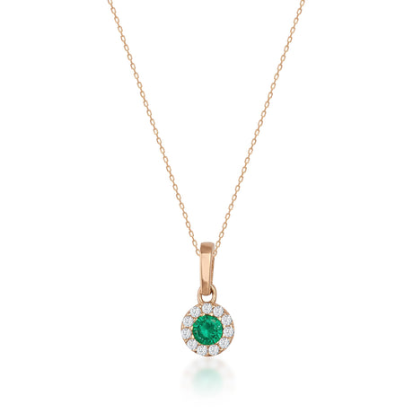 Collier halo émeraude ronde de synthèse en or rose 14 carats sur fond blanc