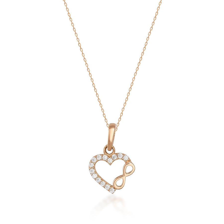 Infinity-Herz-Halskette aus 585er Roségold mit Zirkonia-Akzenten auf weißem Hintergrund