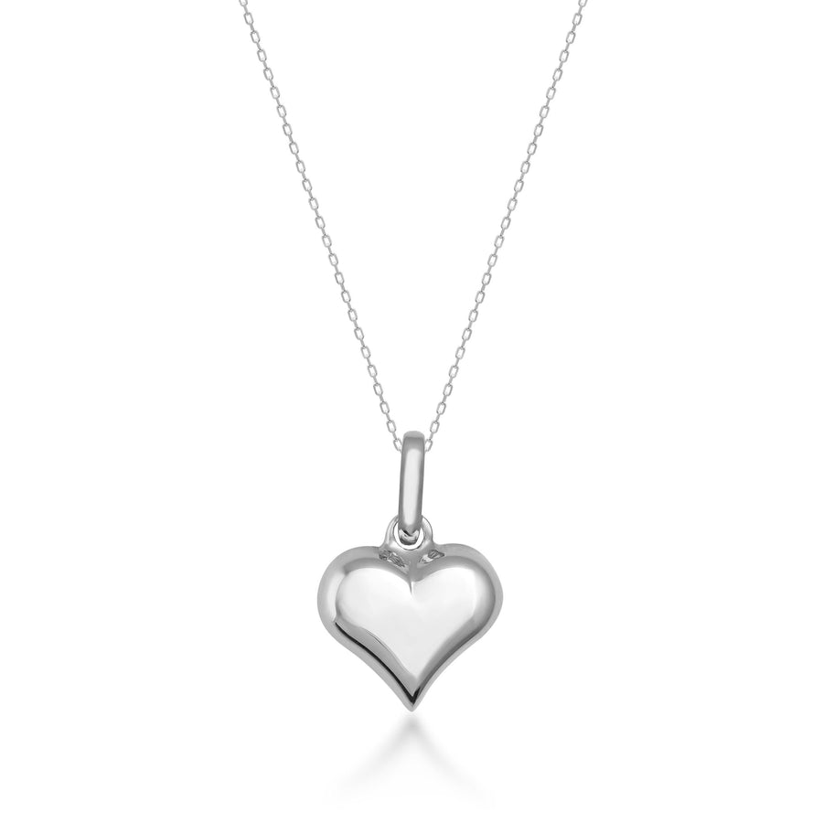 14K white gold classic puffed heart necklace on white background
