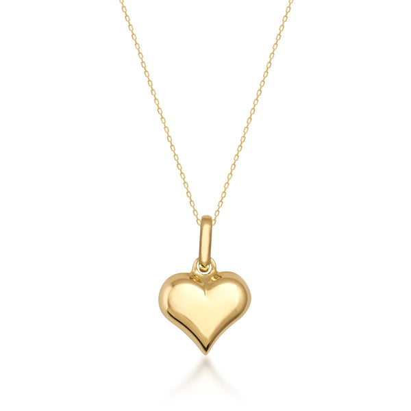 Collier cœur bombé classique en or jaune 14 carats sur fond blanc