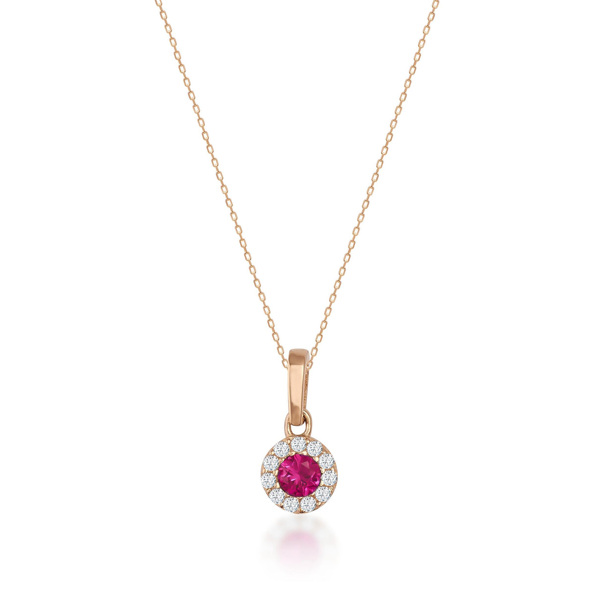 Collier halo rubis rond de synthèse en or rose 14 carats sur fond blanc