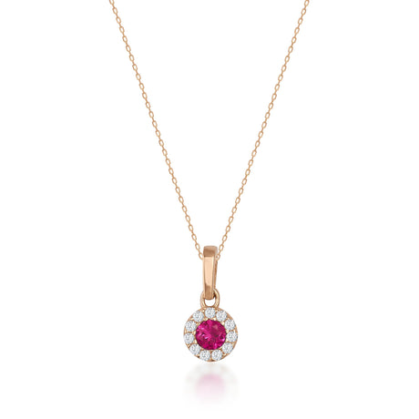 Collier halo rubis rond de synthèse en or rose 14 carats sur fond blanc