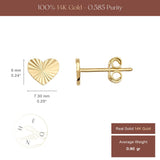 Heart stud earrings size chart: 7.30 mm by 6 mm, diamond-cut, 0.90 gr average weight