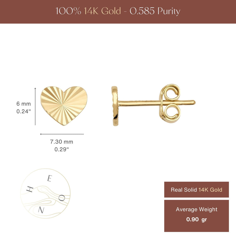 Heart stud earrings size chart: 7.30 mm by 6 mm, diamond-cut, 0.90 gr average weight