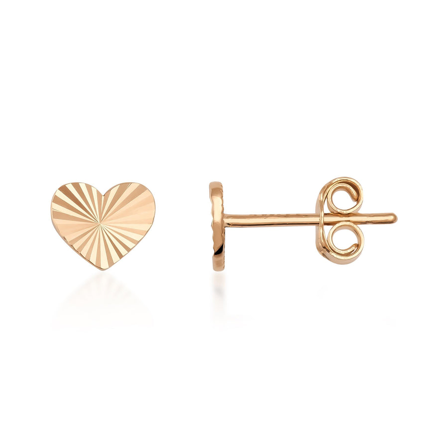 14K rose gold diamond-cut heart stud earrings, front and side view on white