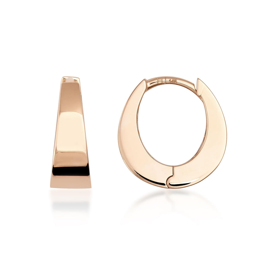 Pendientes de aro gruesos con bisagra en oro rosa de 14 quilates, vista lateral y frontal sobre fondo blanco