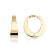 Pendientes de aro gruesos con bisagra en oro amarillo de 14 quilates, vista lateral y frontal sobre fondo blanco