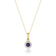 Collier halo saphir rond de synthèse en or jaune 14 carats sur fond blanc