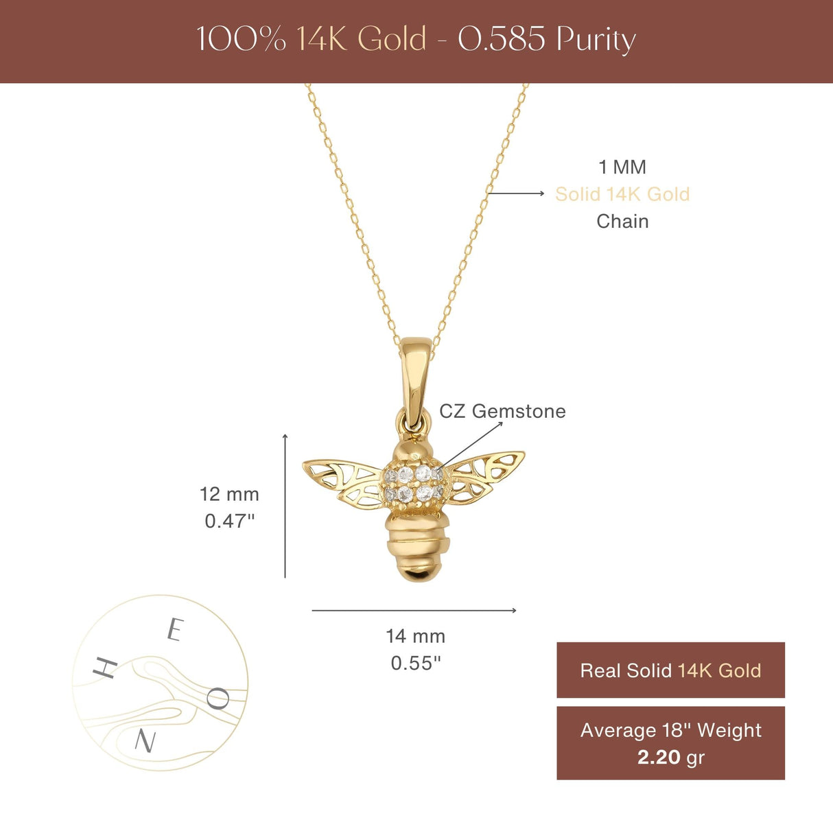 14K Solid Gold Honey Bee Pendant with CZ, Minimal Nature Inspired Jewelry Gift
