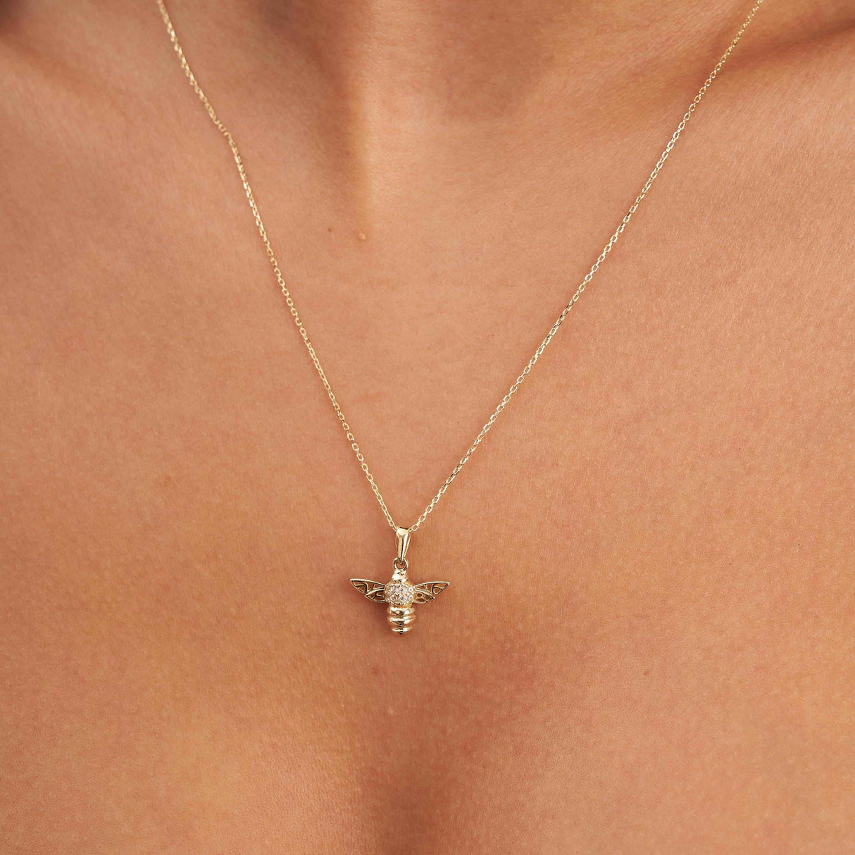 14K Solid Gold Honey Bee Pendant with CZ, Minimal Nature Inspired Jewelry Gift
