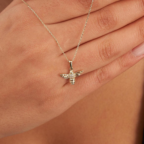 14K Solid Gold Honey Bee Pendant with CZ, Minimal Nature Inspired Jewelry Gift