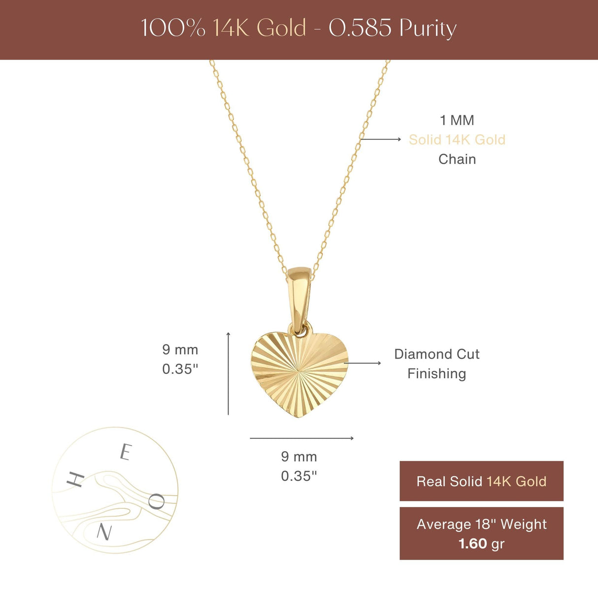 14K Solid Gold Diamond Cut Heart Pendant, Minimal Love Jewelry Gift