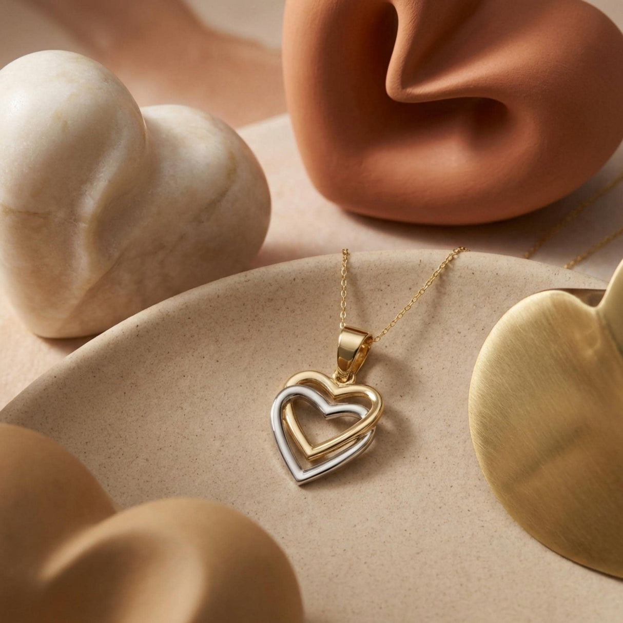 14K Solid Gold Double Heart Necklace, Two-Tone Love Pendant