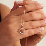 14K Solid Gold Double Heart Necklace, Two-Tone Love Pendant