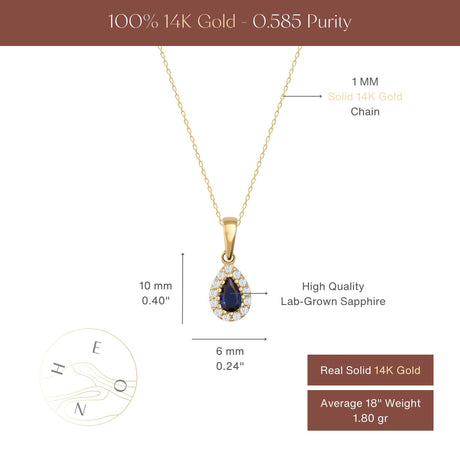 14K Solid Gold Sapphire Necklace Pear Halo Pendant September Birthstone Dainty Blue Gem Gift