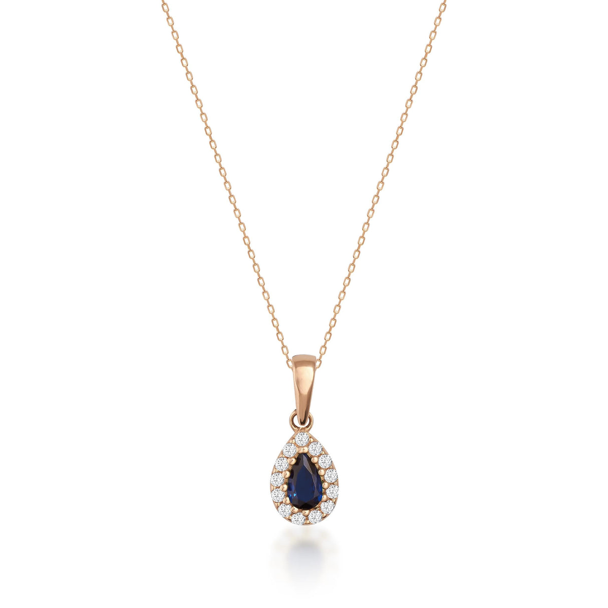 14K Solid Gold Sapphire Necklace Pear Halo Pendant September Birthstone Dainty Blue Gem Gift