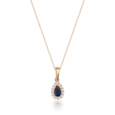 14K Solid Gold Sapphire Necklace Pear Halo Pendant September Birthstone Dainty Blue Gem Gift