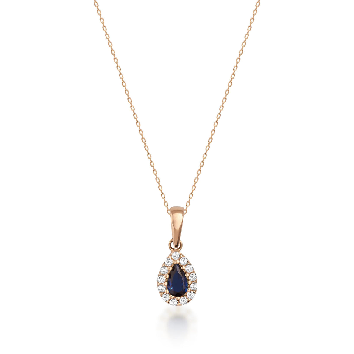 14K Solid Gold Sapphire Necklace Pear Halo Pendant September Birthstone Dainty Blue Gem Gift
