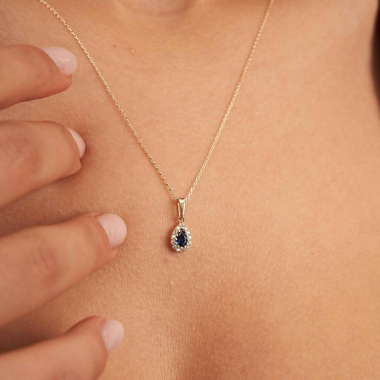 14K Solid Gold Sapphire Necklace Pear Halo Pendant September Birthstone Dainty Blue Gem Gift