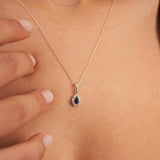 14K Solid Gold Sapphire Necklace Pear Halo Pendant September Birthstone Dainty Blue Gem Gift
