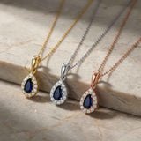 14K Solid Gold Sapphire Necklace Pear Halo Pendant September Birthstone Dainty Blue Gem Gift