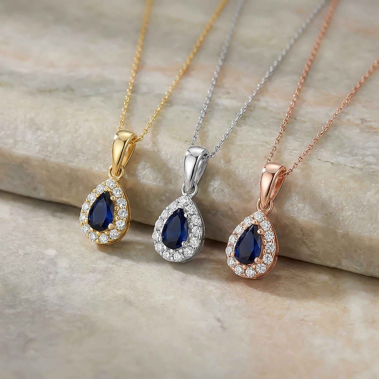 14K Solid Gold Sapphire Necklace Pear Halo Pendant September Birthstone Dainty Blue Gem Gift