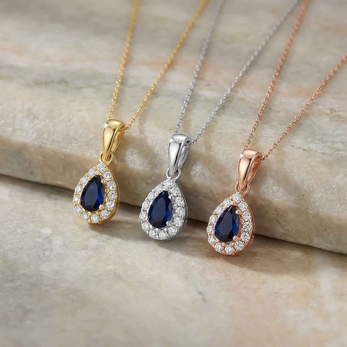 14K Solid Gold Sapphire Necklace Pear Halo Pendant September Birthstone Dainty Blue Gem Gift