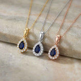 14K Solid Gold Sapphire Necklace Pear Halo Pendant September Birthstone Dainty Blue Gem Gift